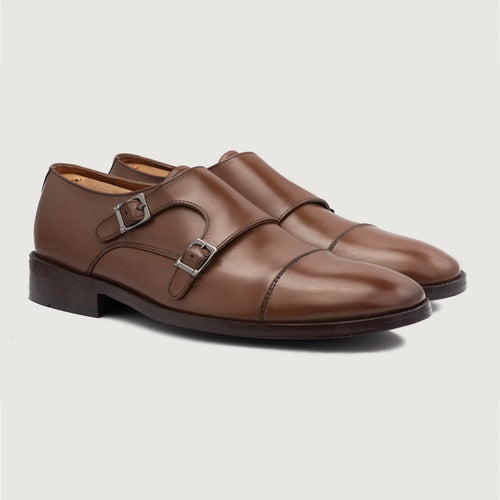 Boston Double Monk Strap Brown Leather Shoes For Men in Brown Full-Grain Leather - Lateral Side Profile View | Buy Online