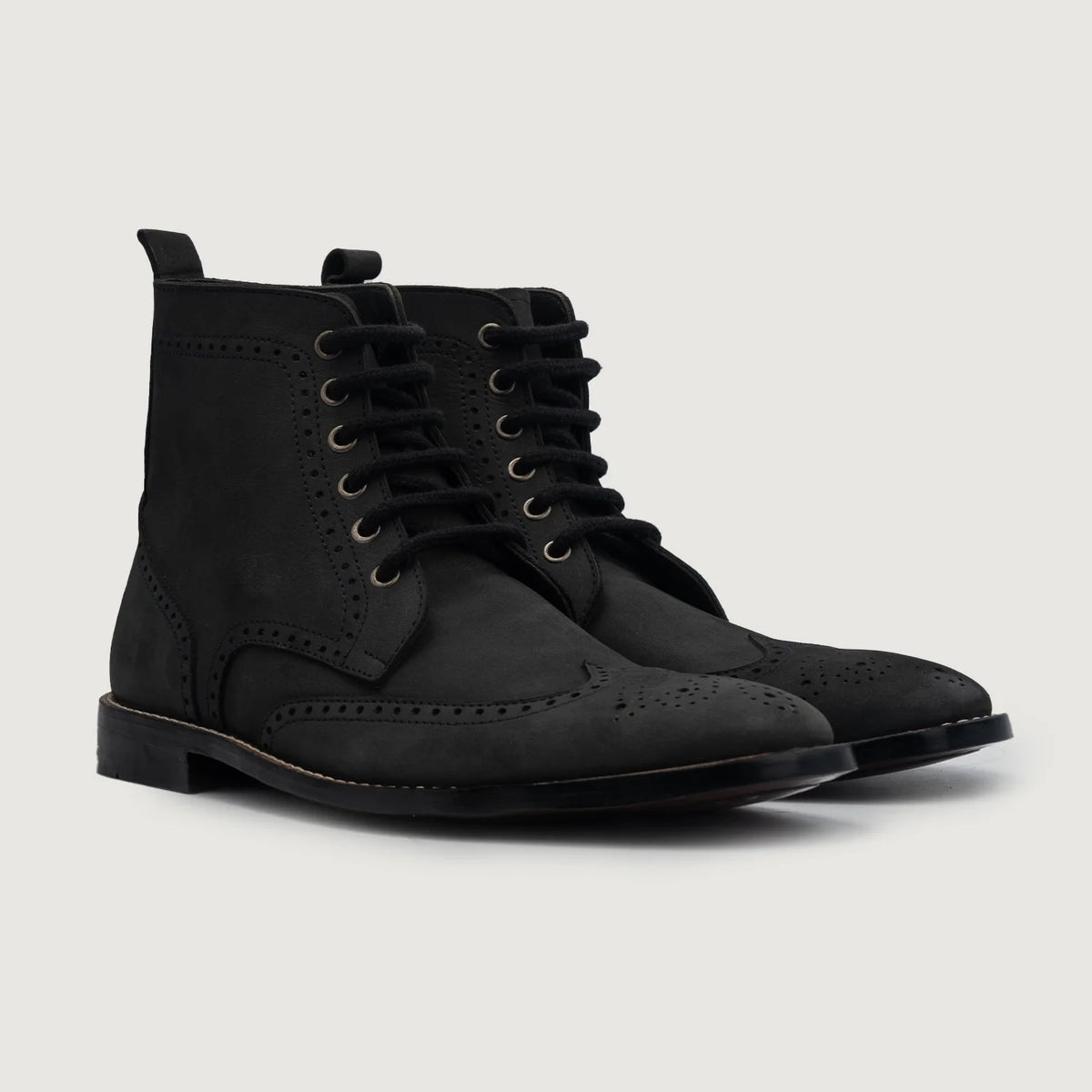Duster Brogues Derby Black Nubuck Leather Boots For Men in Black Full-Grain Leather - Front Profile View & Tailored Silhouette | Buy Online
