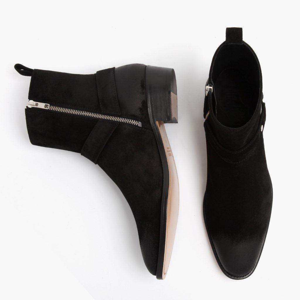 Harness Black Suede Leather Boots - Reinforced Heel Counter & Precision Double-Row Stitching Detail