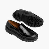 High-Traction Rubber Outsole & Lug Tread Pattern on Women's Penny Platform Black Leather Loafers