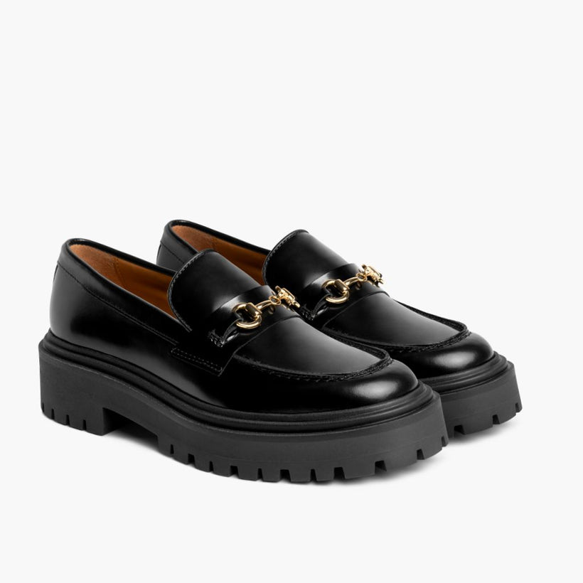 Penny Platform Black & Gold Leather Loafers