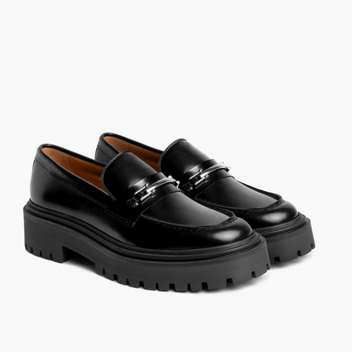 Penny Platform Black & Silver Leather Loafers