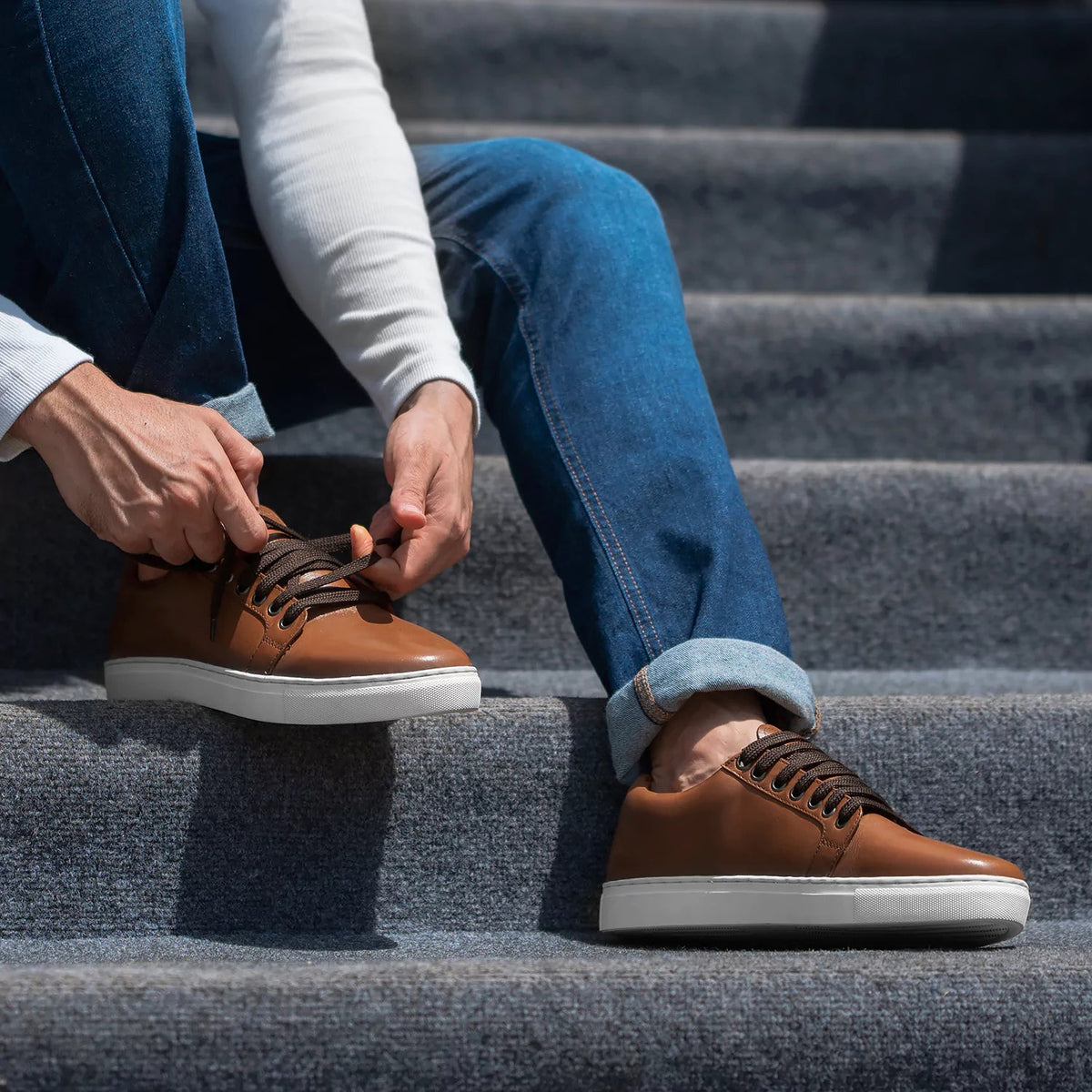 High-Traction Rubber Outsole & Lug Tread Pattern on Murphy Low Top Tan Leather Sneakers