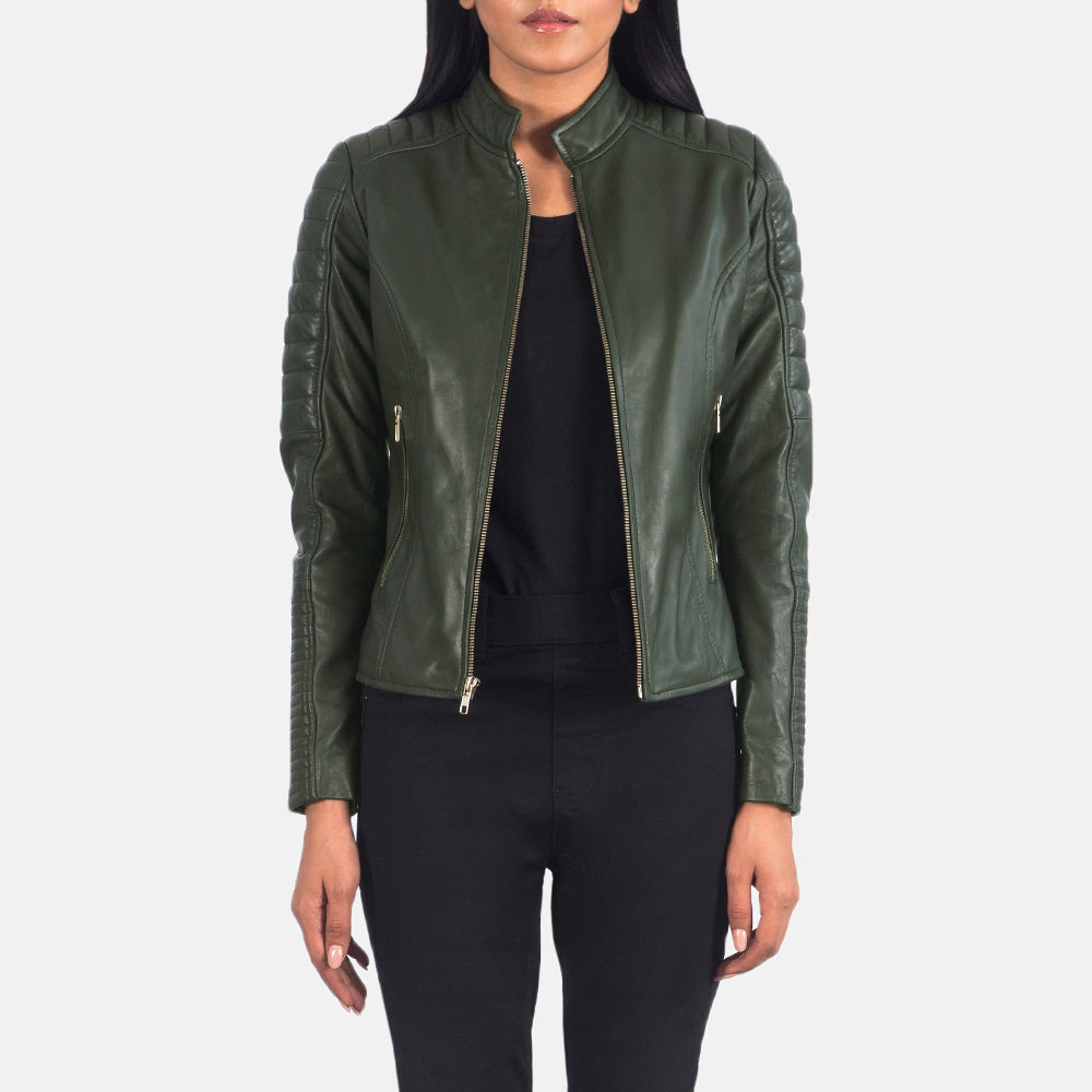 Women's Adalyn Quilted Green Leather Biker Jacket in Green Sheepskin Leather - Front Profile View &amp; Tailored Silhouette | Buy Online