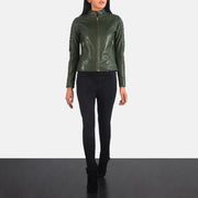 Women's Adalyn Quilted Green Leather Biker Jacket - Lateral Side Profile View Showing Sleeve Cut &amp; Athletic Taper Fit