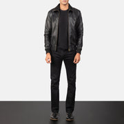 Men's Air Rolf Black Leather Bomber Jacket - Lateral Side Profile View Showing Sleeve Cut &amp; Athletic Taper Fit