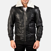 
Close-Up Detail of Shirt with Removable Fur & Zipper Hardware on Men's Airin G-1 Black & White Leather Bomber Jacket
