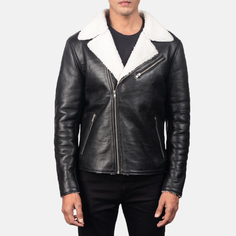 Men's Alberto White Shearling Black Leather Jacket - Lateral Side Profile View Showing Sleeve Cut &amp; Athletic Taper Fit