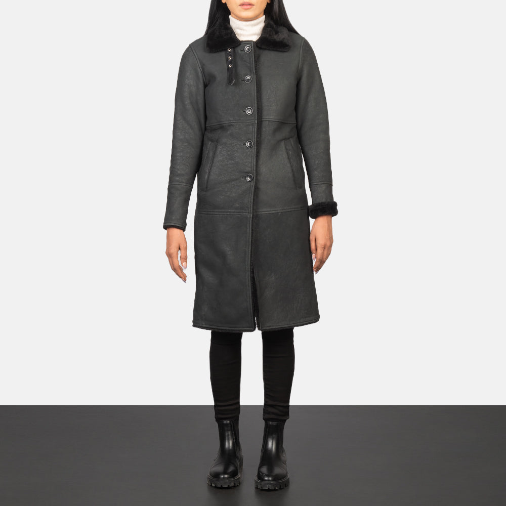 Women's Alina Shearling Black Leather Coat in Distressed Black Sheepskin Leather - Front Profile View &amp; Tailored Silhouette | Buy Online