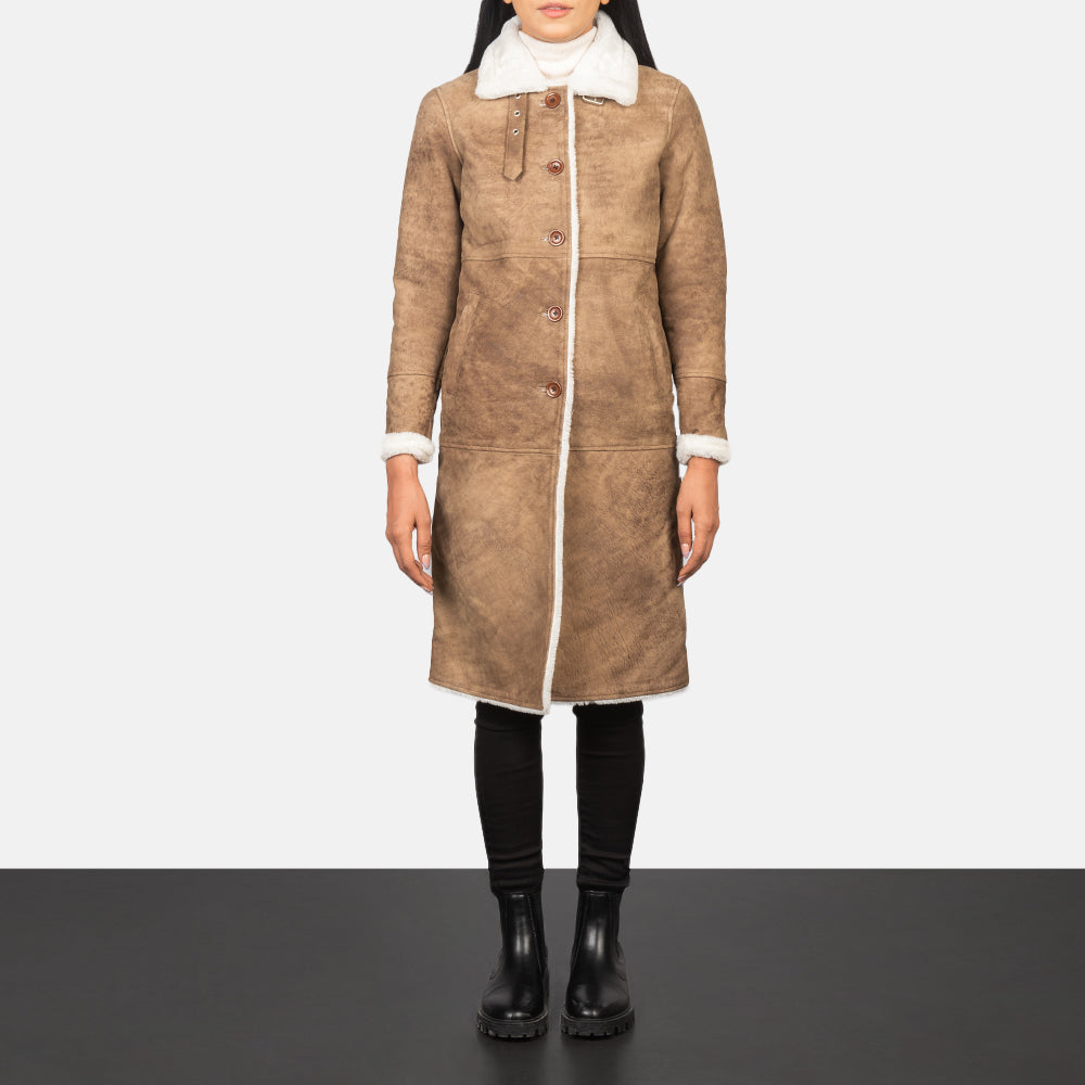 Women's Alina Shearling Brown Leather Coat - Lateral Side Profile View Showing Sleeve Cut &amp; Athletic Taper Fit