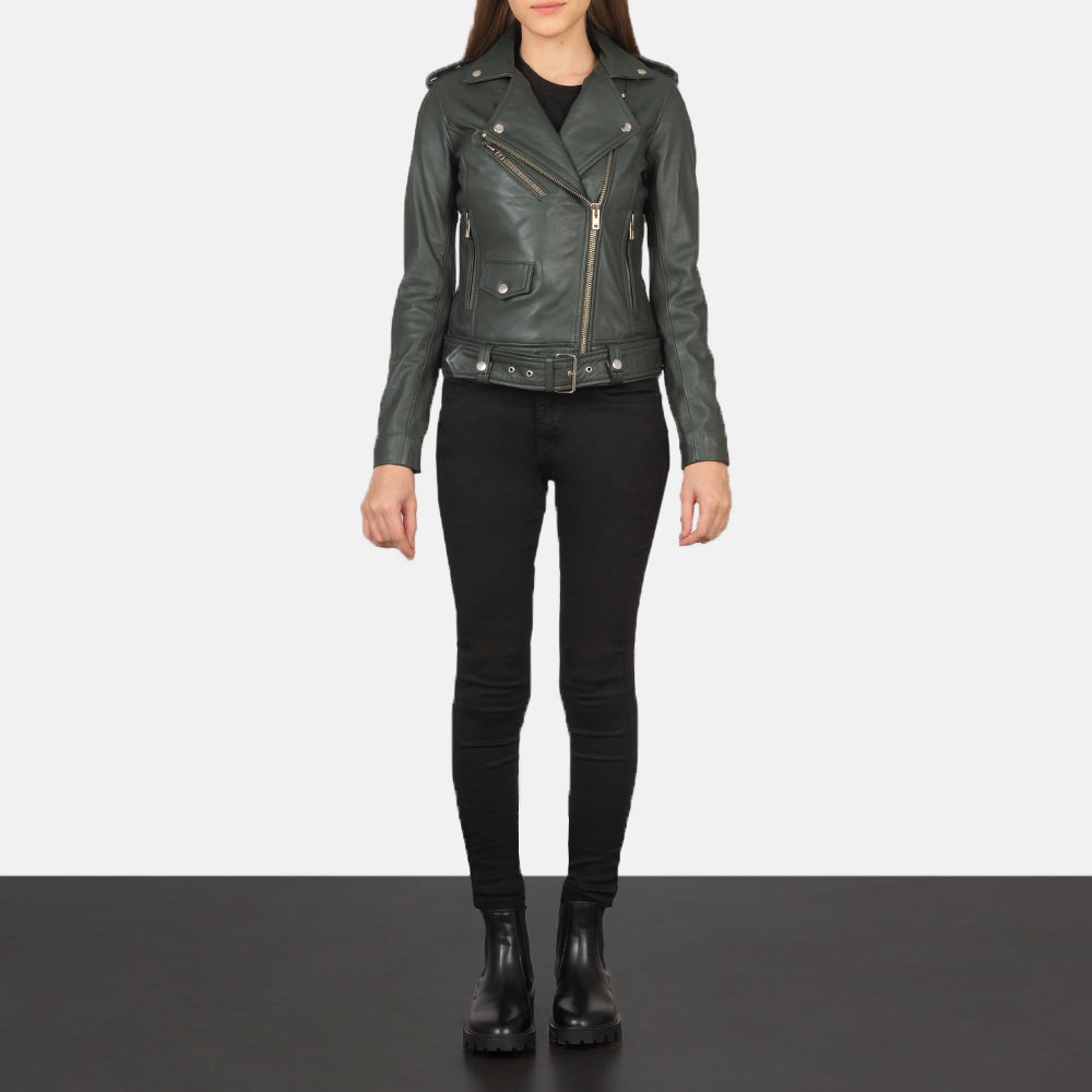 
Women's Alison Green Leather Biker Jacket - Lateral Side Profile View Showing Sleeve Cut & Athletic Taper Fit