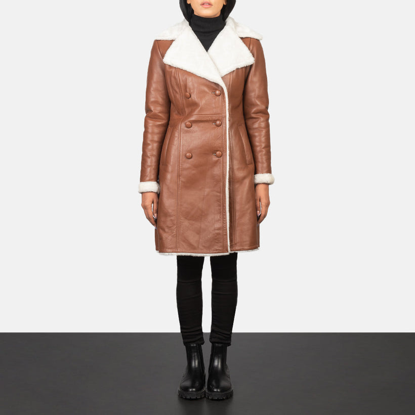 Amie Brown Double-Breasted Shearling Coat