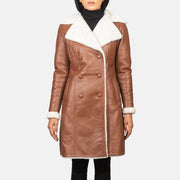 Close-Up Detail of Notch &amp; Leather Buttons Hardware on Women's Amie Brown Double Breasted Shearling Coat