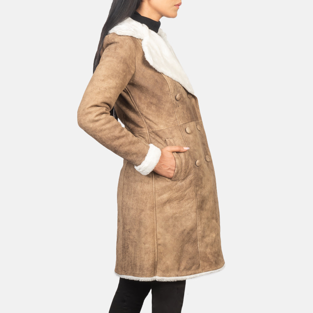 
Distressed Brown Sheepskin Snuffed Aviator Jacket - Back View Showing Tailored Shoulder Fit & Clean Hemline