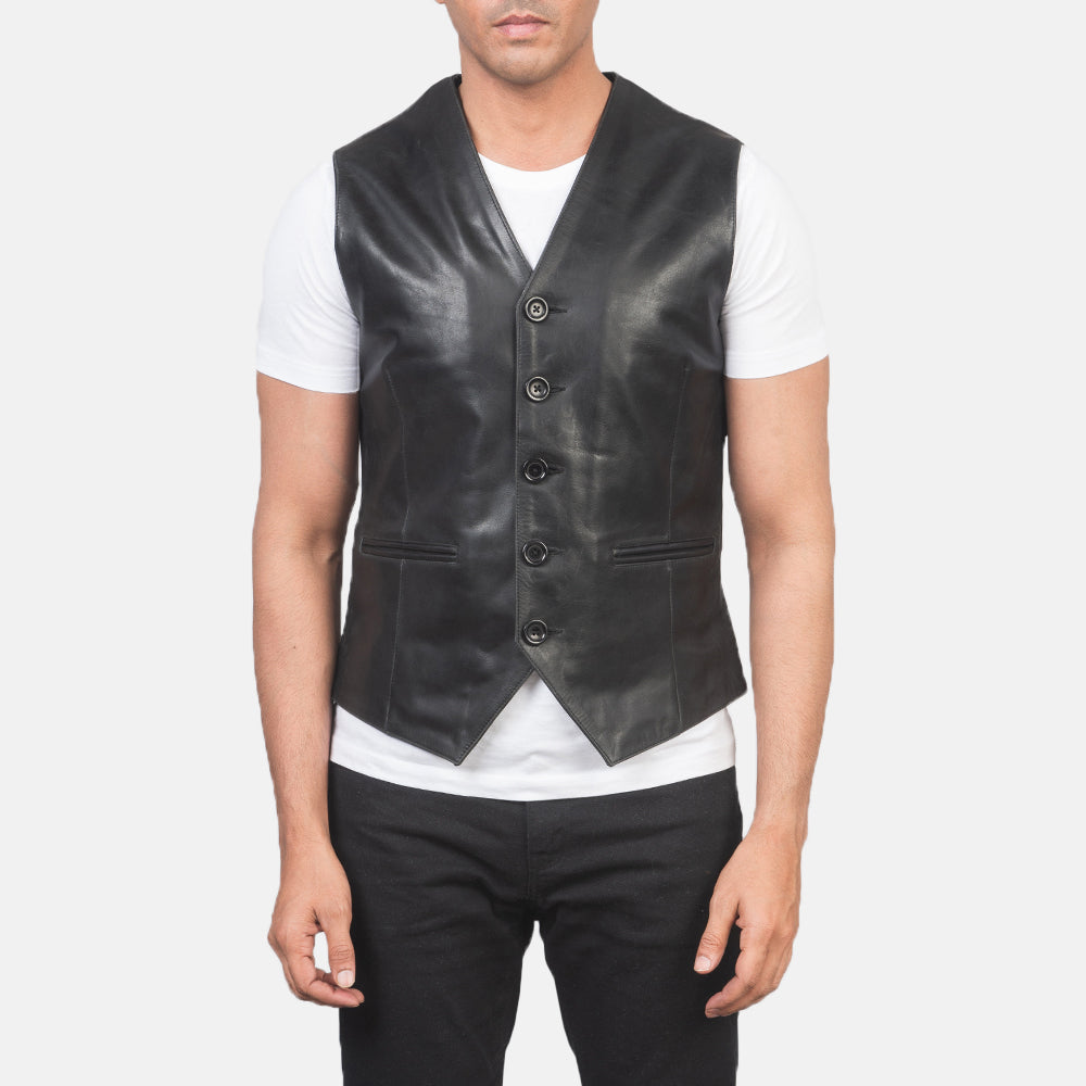 Close-Up Detail of Classic Collar & 5 Button Hardware on Men's Auden Black Leather Vest