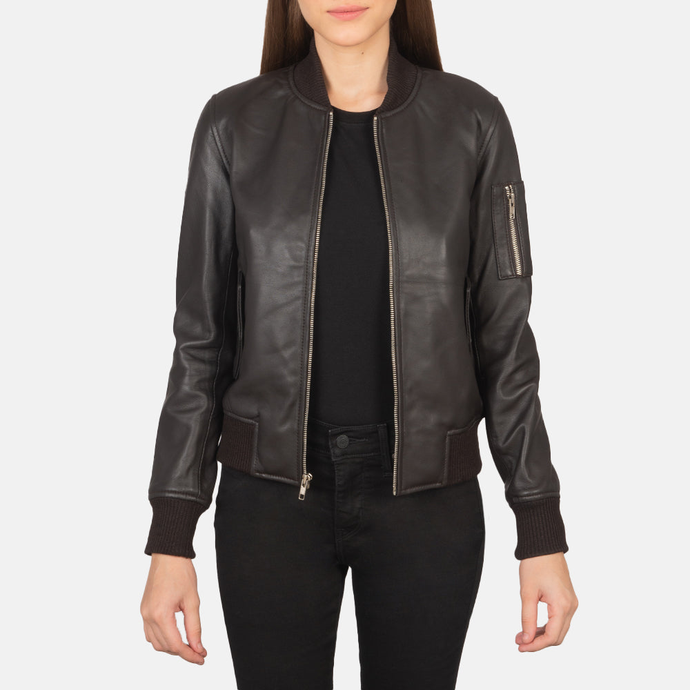 Women's Ava Ma-1 Brown Leather Bomber Jacket in Brown Sheepskin Leather - Front Profile View &amp; Tailored Silhouette | Buy Online