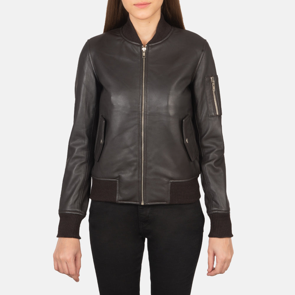 Close-Up Detail of Rib Knit &amp; Zipper Hardware on Women's Ava Ma-1 Brown Leather Bomber Jacket