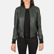 Ava Ma-1 Green Leather Bomber Jacket in Green Sheepskin Leather - Front Profile View &amp; Tailored Silhouette | Buy Online