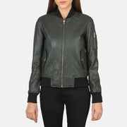 Close-Up Detail of Rib Knit &amp; Zipper Hardware on Ava Ma-1 Green Leather Bomber Jacket