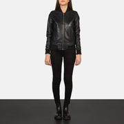 Women's Bliss Black Leather Bomber Jacket - Lateral Side Profile View Showing Sleeve Cut &amp; Athletic Taper Fit