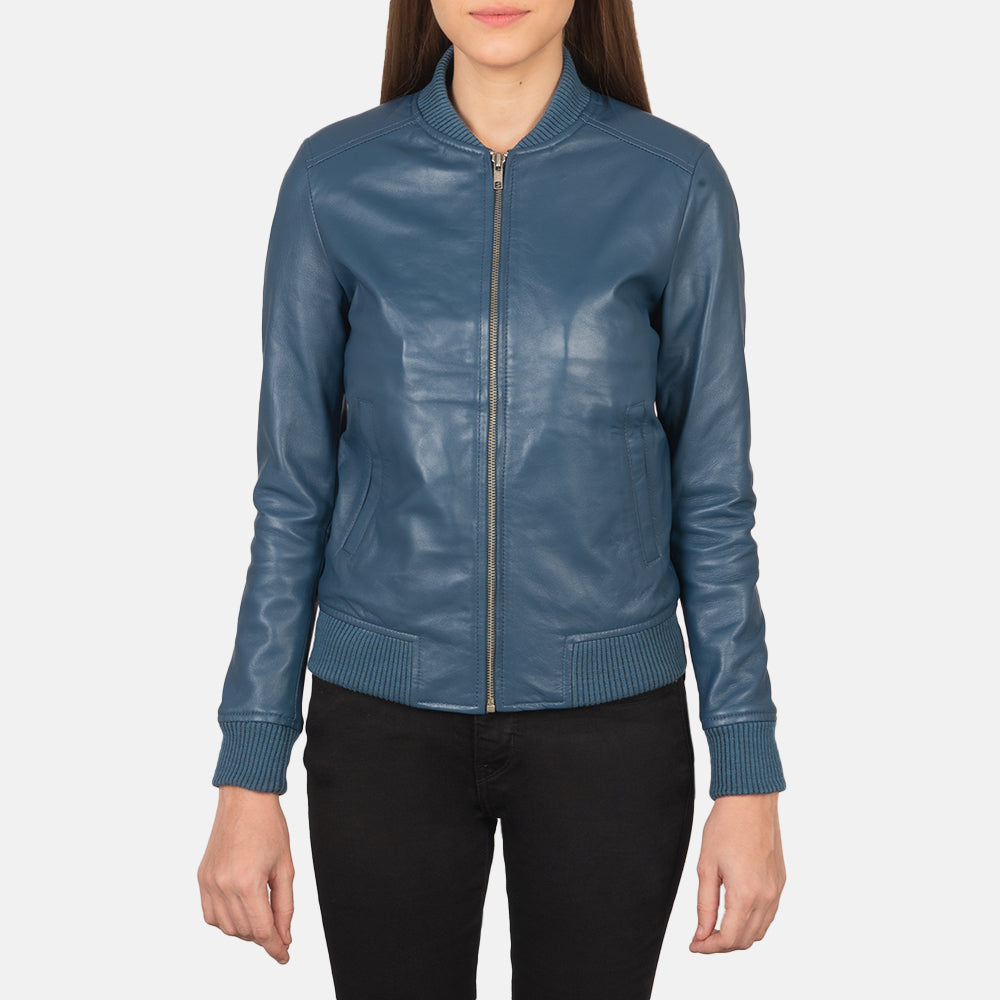 Close-Up Detail of Varsity - Rib Knit &amp; Zipper with Wind Flap Hardware on Women's Bliss Blue Leather Bomber Jacket