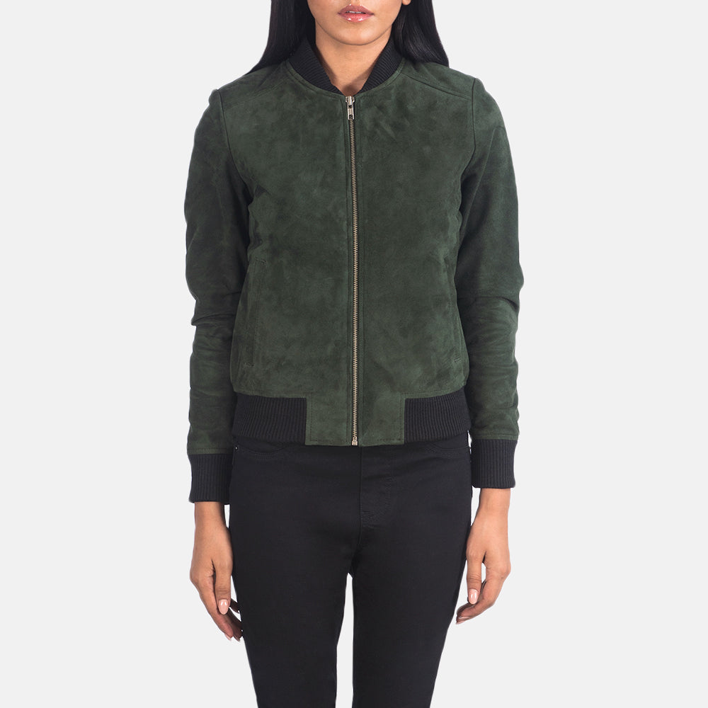 
Close-Up Detail of Varsity - Rib Knit & Zipper with Wind Flap Hardware on Women's Bliss Green Suede Bomber Jacket