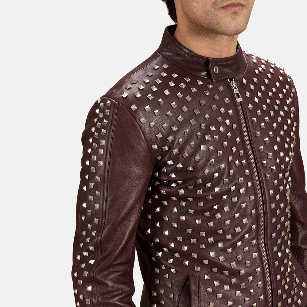 Close-Up Detail of Band with snap button &amp; Zipper Hardware on Blix Bono Maroon Leather Biker Jacket