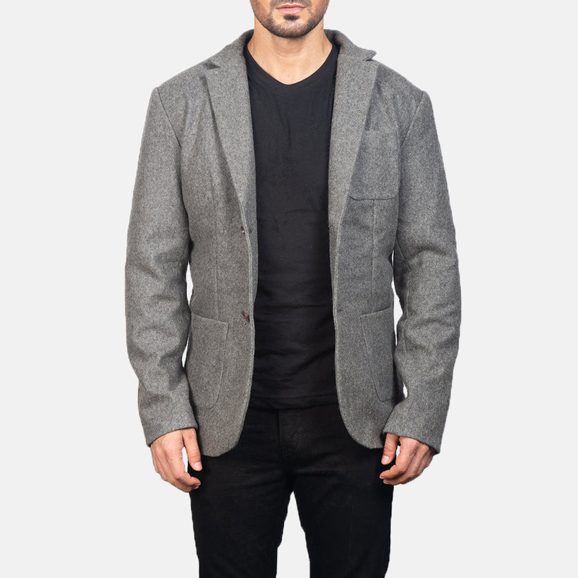Men's Grey Wool Blazer in Grey Synthetic Wool - Front Profile View & Tailored Silhouette | Buy Online