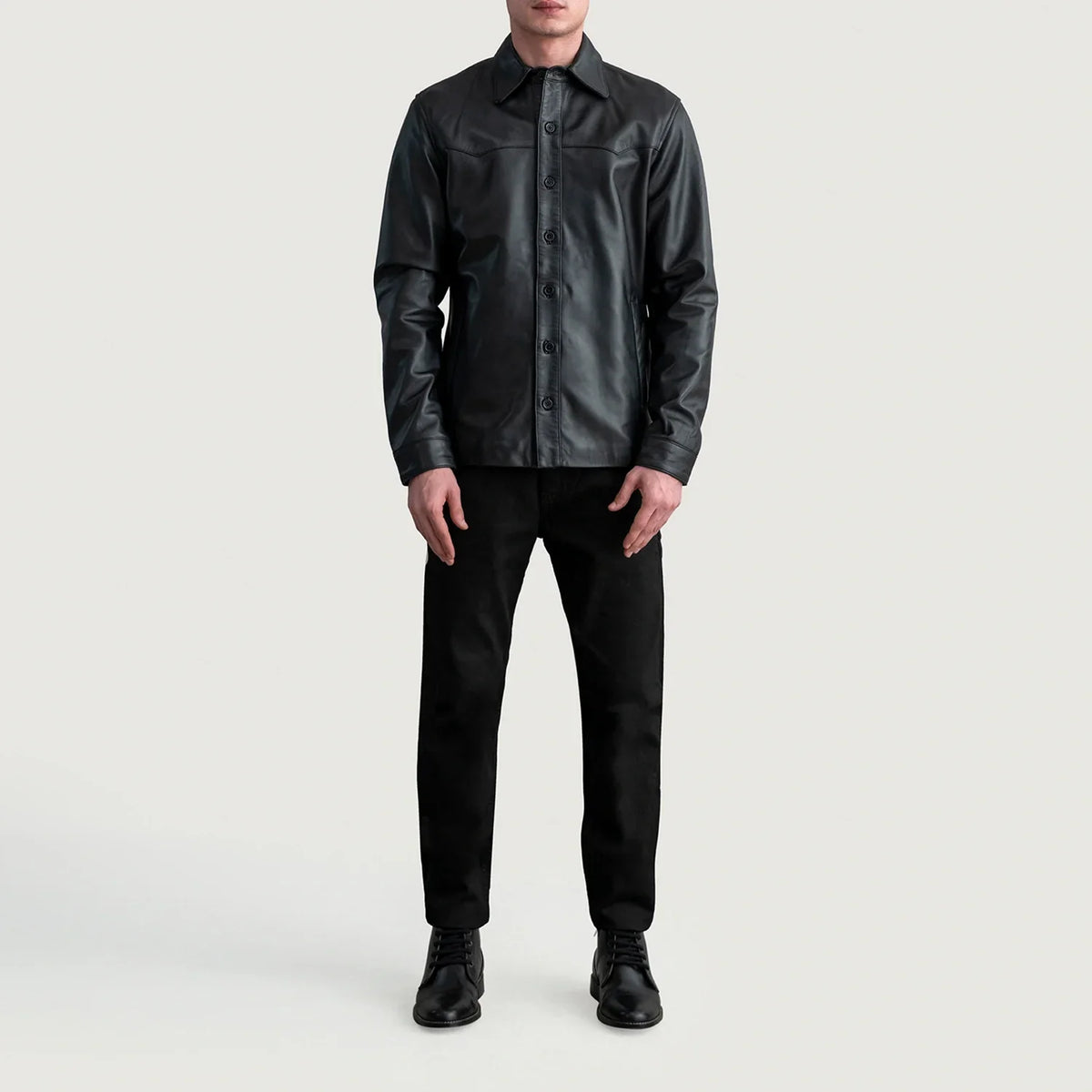 Close-Up Detail of Shirt &amp; Buttons Hardware on Bronco Black Leather Shirt