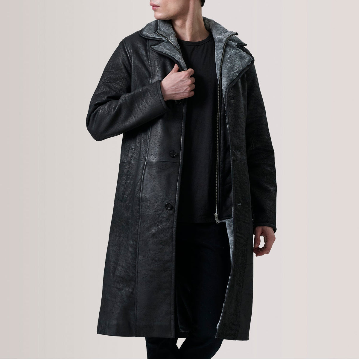 Cai Distressed Black Leather Shearling Coat For Men in Distressed Black Sheepskin Snuffed - Front Profile View &amp; Tailored Silhouette | Buy Online
