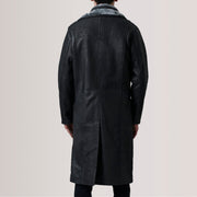 Close-Up Detail of Notch &amp; Button Hardware on Cai Distressed Black Leather Shearling Coat For Men