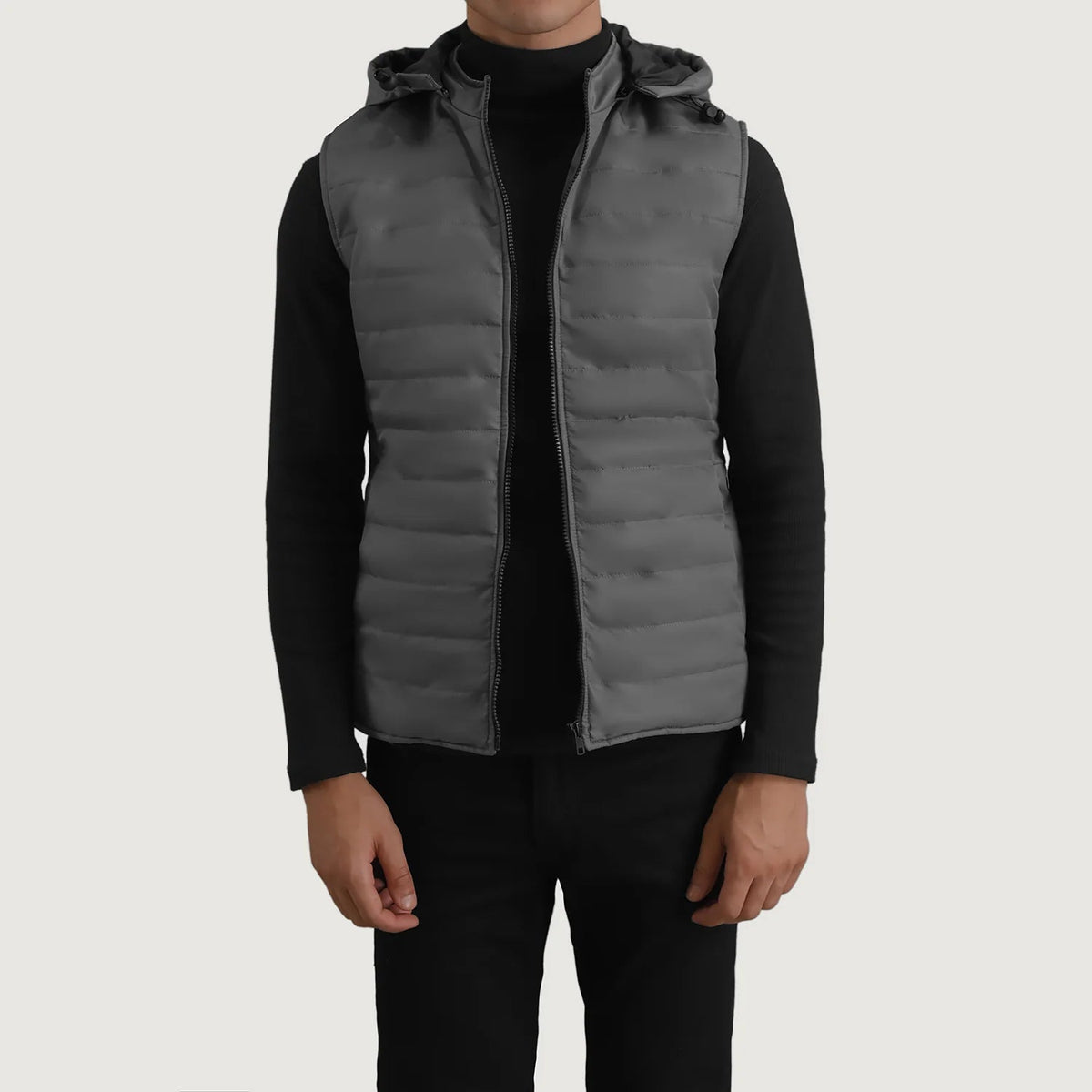 
Carlo Grey Hooded Puffer Vest in Green Full-Grain Leather - Front Profile View & Tailored Silhouette | Buy Online