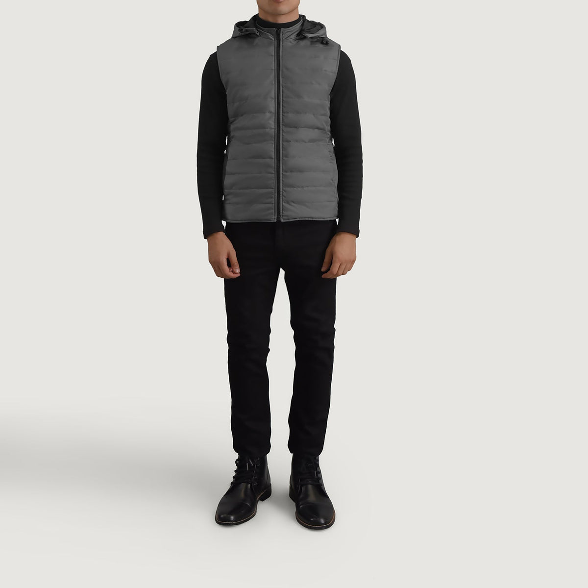 
Carlo Grey Hooded Puffer Vest - Lateral Side Profile View Showing Sleeve Cut & Athletic Taper Fit