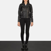 Women's Carolyn Quilted Black Biker Jacket - Lateral Side Profile View Showing Sleeve Cut &amp; Athletic Taper Fit