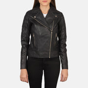 Close-Up Detail of Notch &amp; Zipper Hardware on Women's Carolyn Quilted Black Biker Jacket