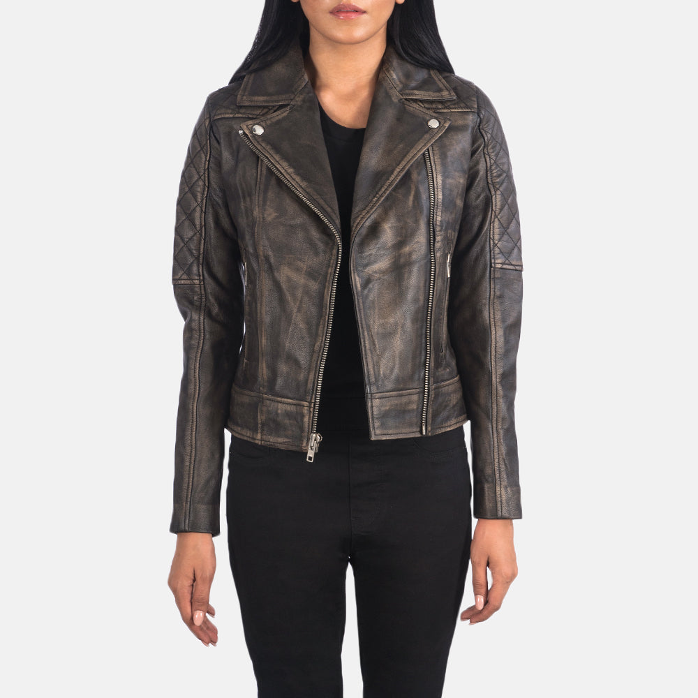 
Women's Carolyn Quilted Distressed Brown Biker Jacket in Distressed Brown Goatskin Leather - Front Profile View & Tailored Silhouette | Buy Online