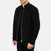 Black Goatskin Suede Biker Jacket - Back View Showing Tailored Shoulder Fit &amp; Clean Hemline