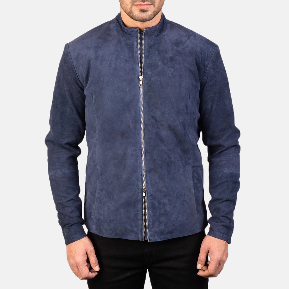 
Close-Up Detail of Mandarin & Zipper with Dual Puller Hardware on Men's Charcoal Navy Blue Suede Biker Jacket