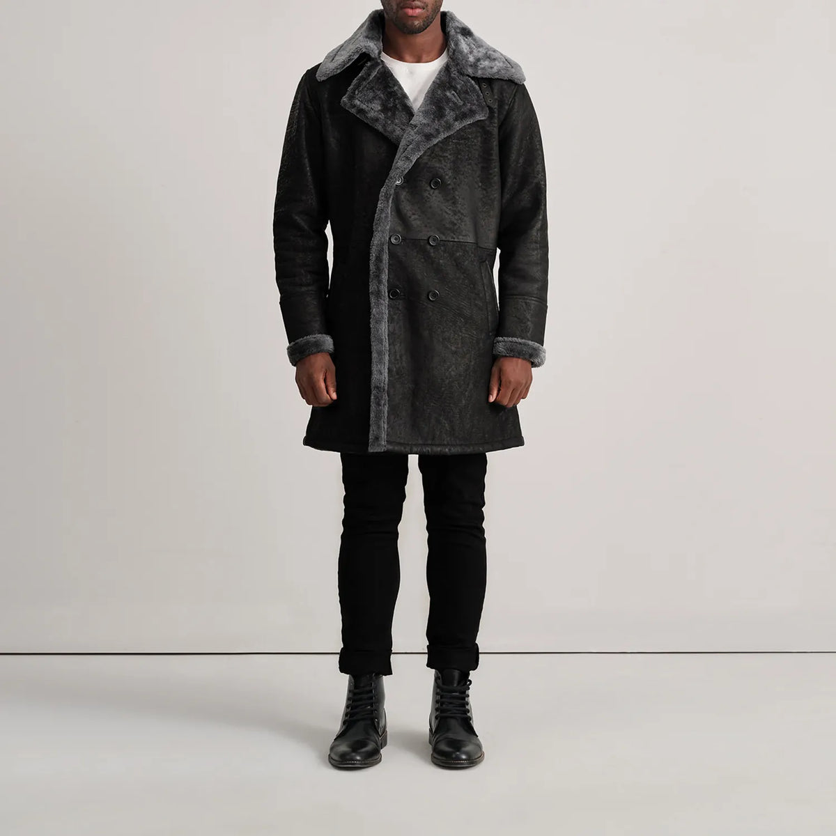 
Charles Brown Suede Leather Shearling Double-Breasted Coat - Lateral Side Profile View Showing Sleeve Cut & Athletic Taper Fit