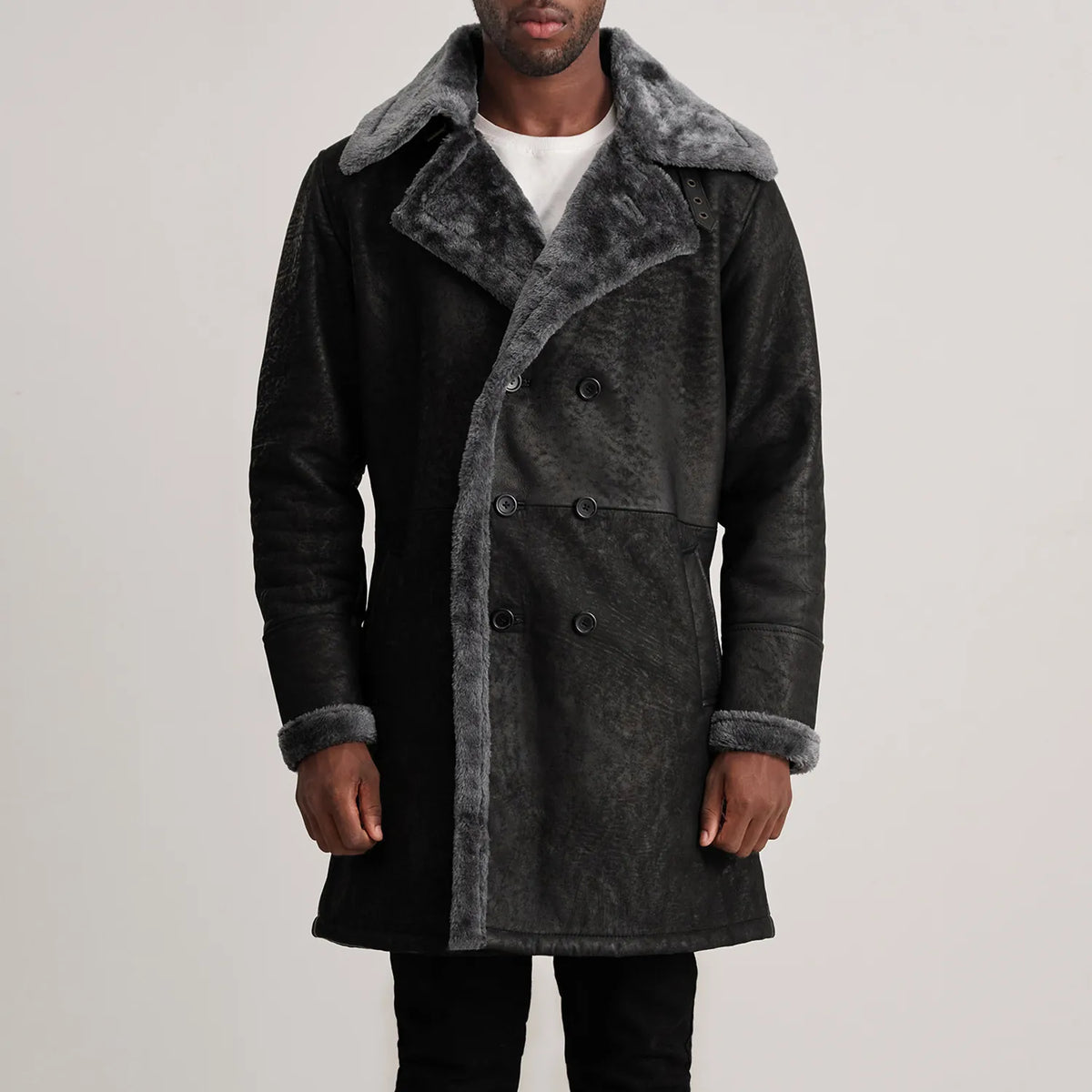 
Close-Up Detail of Notch & Button Hardware on Charles Brown Suede Leather Shearling Double-Breasted Coat
