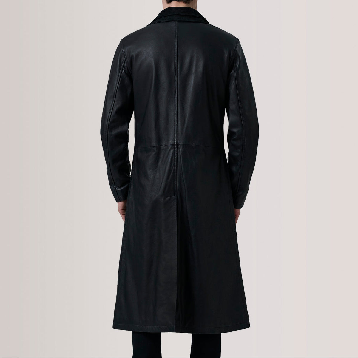 
Close-Up Detail of Notch & Button Hardware on Charlton Black Leather Single Breasted Coat For Men