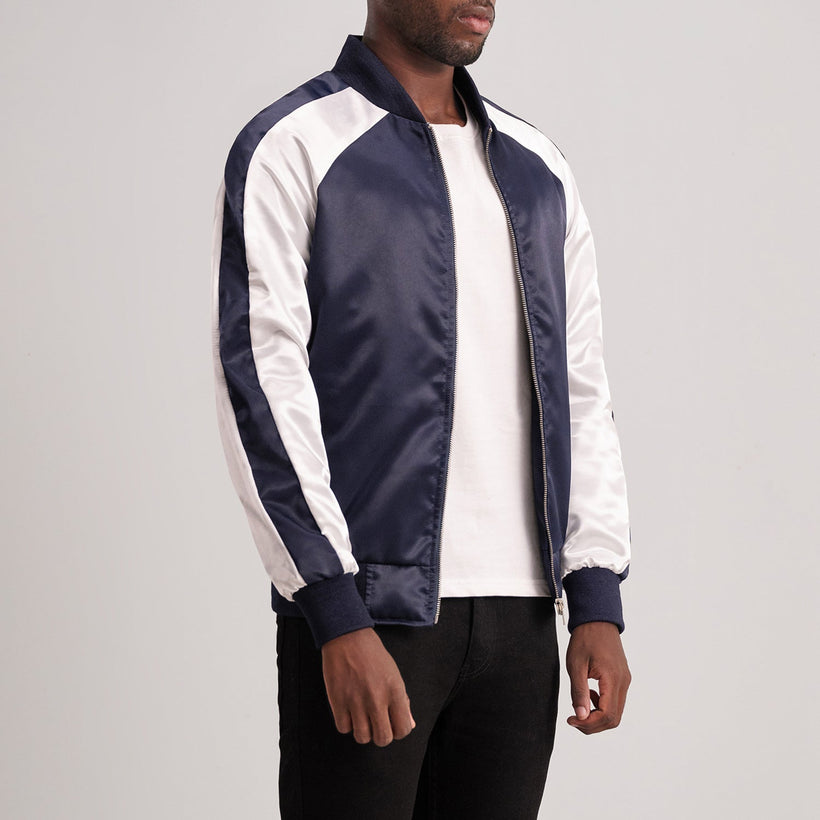 Blue & White Satin Varsity Jacket - Back View Showing Tailored Shoulder Fit & Clean Hemline