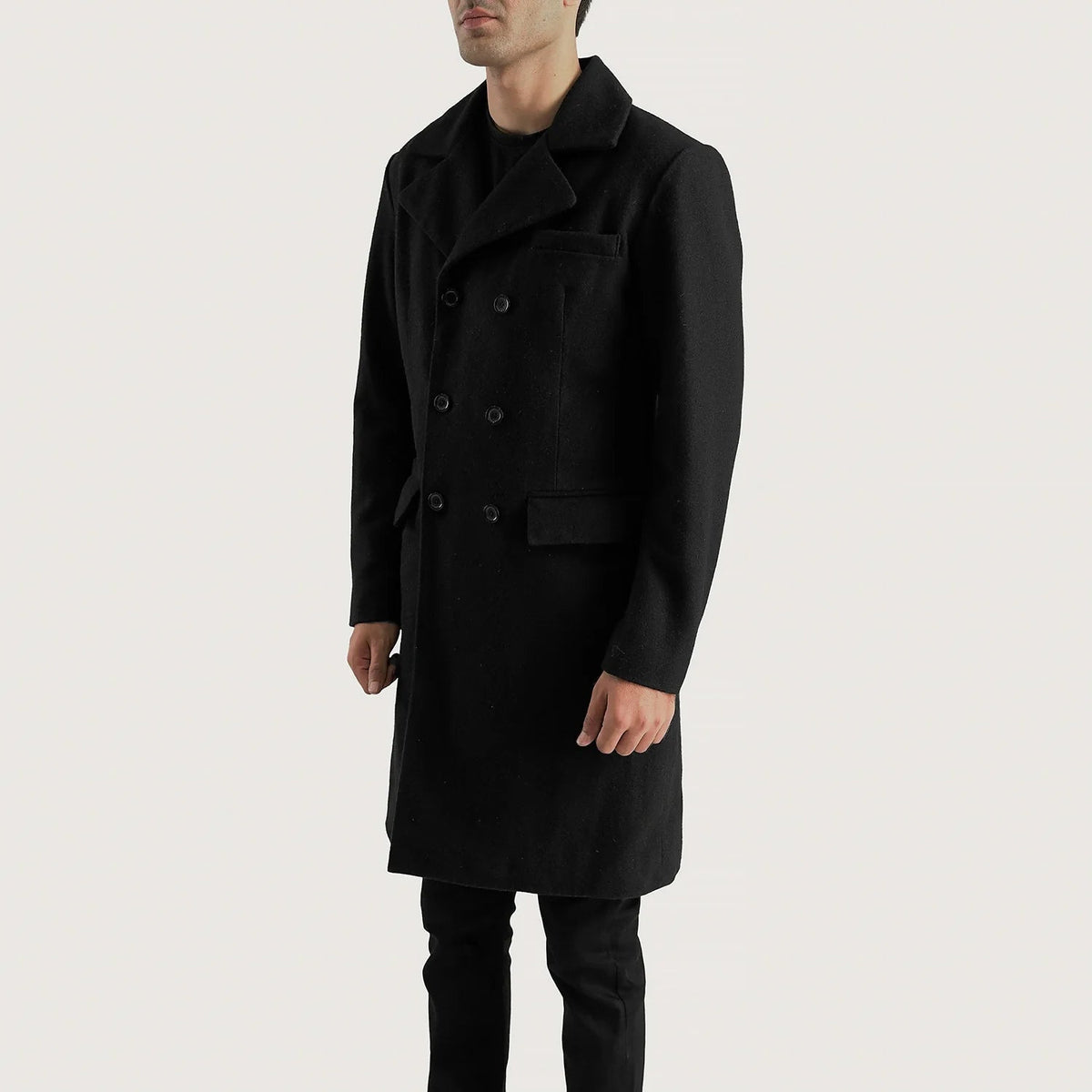 
Black Synthetic Wool Trench Coat - Back View Showing Tailored Shoulder Fit & Clean Hemline