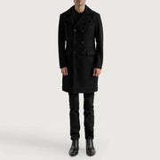 
Men's Claud Black Wool Double Breasted Coat - Lateral Side Profile View Showing Sleeve Cut & Athletic Taper Fit