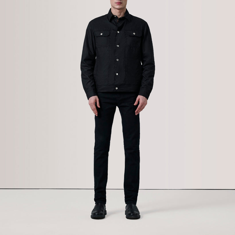 Black Waxed Cotton Canvas Leather Jacket - Back View Showing Tailored Shoulder Fit & Clean Hemline
