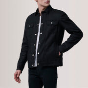 Colberto Black Waxed Canvas Trucker Jacket For Men - Lateral Side Profile View Showing Sleeve Cut &amp; Athletic Taper Fit
