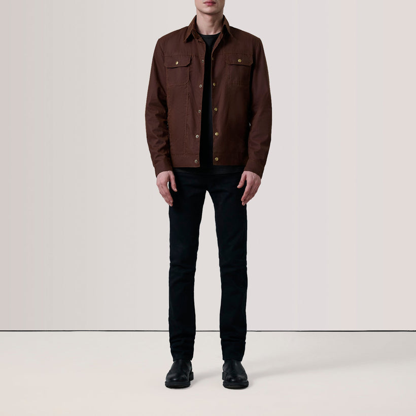 Brown Waxed Cotton Canvas Leather Jacket - Back View Showing Tailored Shoulder Fit & Clean Hemline