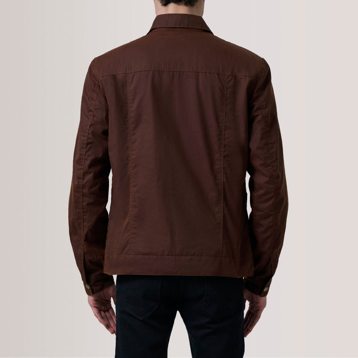 
Close-Up Detail of Classic Collar & Snap Button Hardware on Colberto Brown Waxed Canvas Trucker Jacket For Men
