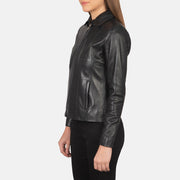 Women Colette Black Leather Jacket - Lateral Side Profile View Showing Sleeve Cut &amp; Athletic Taper Fit