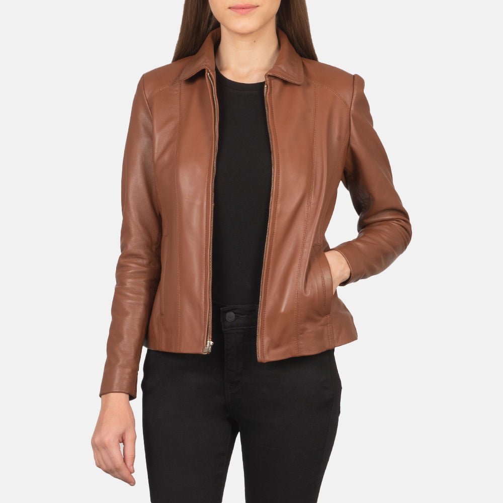 Women Colette Brown Leather Jacket in Brown Sheepskin Leather - Front Profile View &amp; Tailored Silhouette | Buy Online